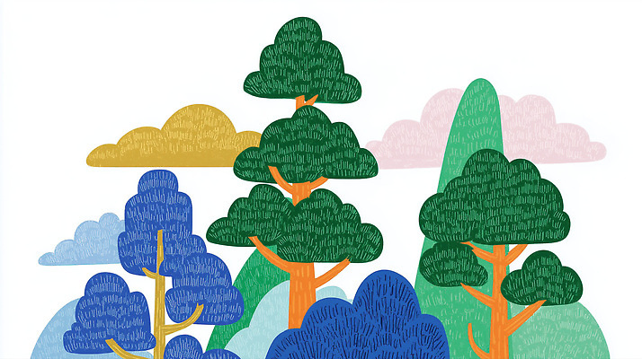 JPG 나무 식물 디자인 예술 컬러 일러스트 자연 하늘 산 풍경 초록색 파란색 평화 그림 이미지 동산 뷰티풀 국내일러스트 AI일러스트 AI콘텐츠 컨셉 생태계 파일형식