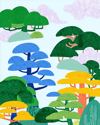 JPG 모양 나무 디자인 여유 컬러 백그라운드 일러스트 상상 자연 하늘 생명 풍경 초원 그래픽 여름 숲 조화 국내일러스트 AI일러스트 AI콘텐츠 식물 계절 감정 생태계 파일형식