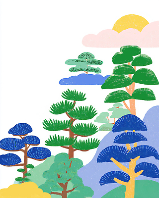 JPG 나무 여유 예술 컬러 일러스트 자연 하늘 산 풍경 초록색 파란색 태양 평화 일출 신선 숲 그림 뷰티풀 흥미 국내일러스트 AI일러스트 AI콘텐츠 자연요소 식물 감정 컨셉 노을 생태계 파일형식