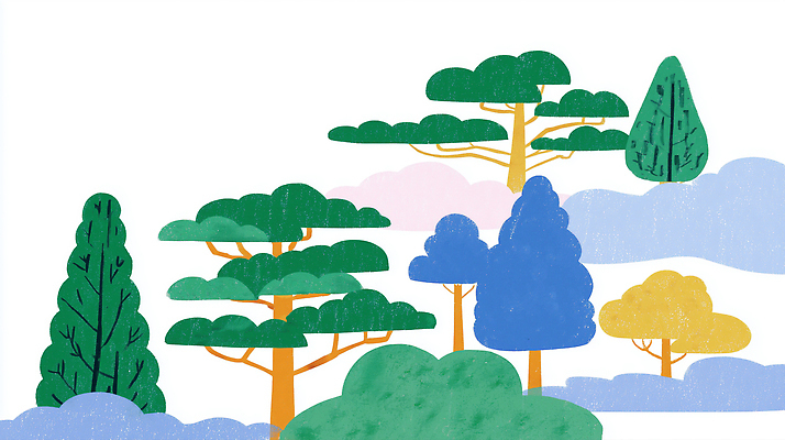 JPG 나무 컬러 백그라운드 일러스트 자연 하늘 풍경 초록색 파란색 노란색 분위기 조화 뷰티풀 산들바람 국내일러스트 AI일러스트 AI콘텐츠 식물 컨셉 바람 생태계 파일형식