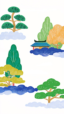 JPG 나무 식물 전통 건축물 디자인 예술 컬러 패턴 일러스트 자연 한국 풍경 초록색 여름 고요 금색 조화 뷰티풀 차분 국내일러스트 AI일러스트 AI콘텐츠 계절 건축 아시아 컨셉 무늬 생태계 파일형식