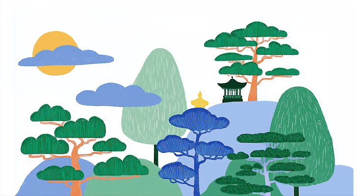 JPG 나무 전통 공원 여유 일러스트 자연 하늘 휴식 산 한국 풍경 야외 초록색 소풍 평화 조화 뷰티풀 청명 국내일러스트 AI일러스트 AI콘텐츠 식물 공공시설 감정 아시아 컬러 컨셉 야외활동 생태계 파일형식