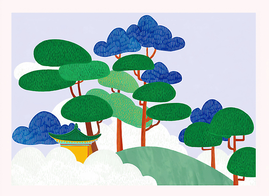 JPG 나무 전통 건축물 디자인 문화 예술 컬러 일러스트 자연 산 한국 풍경 감성 기하학 조화 뷰티풀 창의성 국내일러스트 AI일러스트 AI콘텐츠 식물 건축 아시아 컨셉 무늬 생태계 파일형식