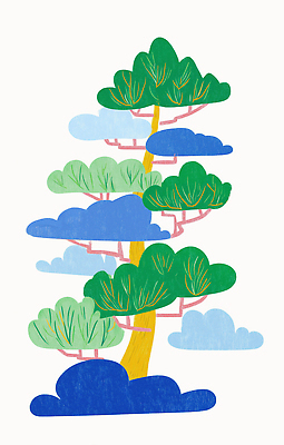 JPG 나무 예술 선 컬러 일러스트 자연 하늘 나뭇잎 풍경 초록색 여름 파란색 평화 기쁨 그림 질감 조화 생동감 국내일러스트 AI일러스트 AI콘텐츠 식물 계절 감정 컨셉 잎 생태계 파일형식