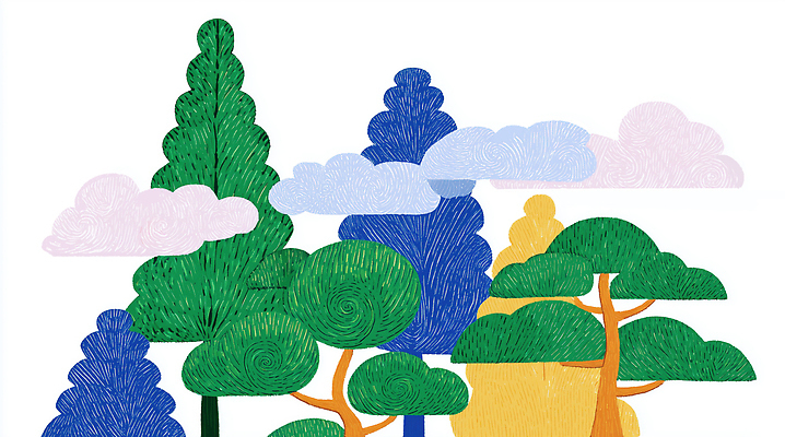 JPG 모양 나무 식물 디자인 예술 컬러 일러스트 자연 풍경 초록색 파란색 노란색 그림 질감 조화 구상 상상력 색감 국내일러스트 AI일러스트 AI콘텐츠 생태계 파일형식