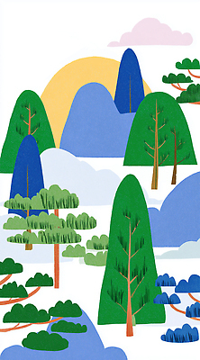 JPG 나무 컬러 일러스트 자연 하늘 아침 산 풍경 야외 태양 일출 환경 고요 산책 숲 기암괴석 조화 뷰티풀 국내일러스트 AI일러스트 AI콘텐츠 주간 자연요소 식물 휴식 노을 바위_돌 생태계 파일형식