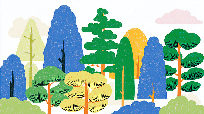 JPG 모양 나무 식물 디자인 예술 컬러 일러스트 자연 풍경 초록색 여름 파란색 환경 다양 숲 그림 뷰티풀 풍경화 국내일러스트 AI일러스트 AI콘텐츠 계절 다수 생태계 파일형식