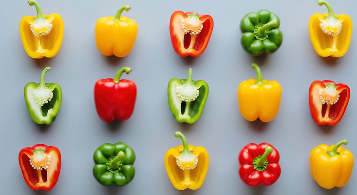 JPG 편집이미지 컬러 백그라운드 채소 식재료 자연 피망 요리 빨간색 초록색 노란색 샐러드 시장 일렬 건강식 신선도 편집실사 AI포토 AI콘텐츠 음식 CG 생태계 파일형식