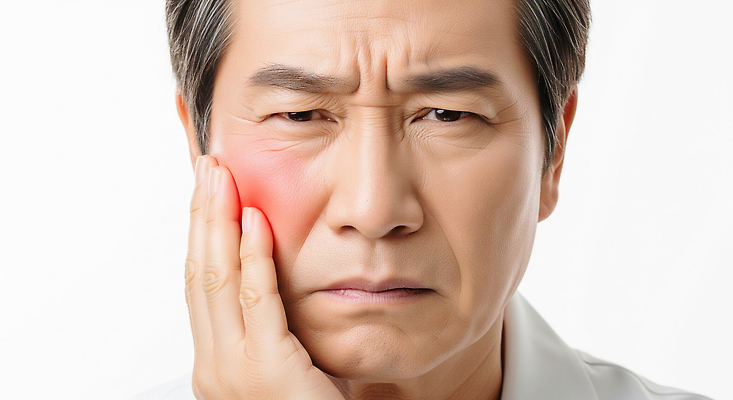 JPG 편집이미지 노년 남자 표정 건강 치과 치료 진료 고통 볼 걱정 괴로움 감싸기 증상 의료성형뷰티 편집실사 AI인물포토 AI콘텐츠 감정 의학 모션 병원 사람 성인 신체부위 CG 파일형식 AI포토