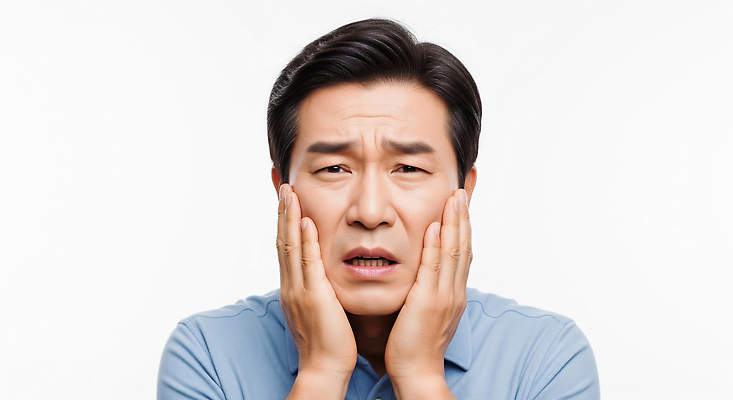 JPG 편집이미지 손 남자 감정 얼굴 생각 스트레스 표정 불안 고민 걱정 갈등 긴장 심리 심각 의료성형뷰티 편집실사 AI인물포토 AI콘텐츠 컨셉 사람 신체부위 CG 파일형식 AI포토