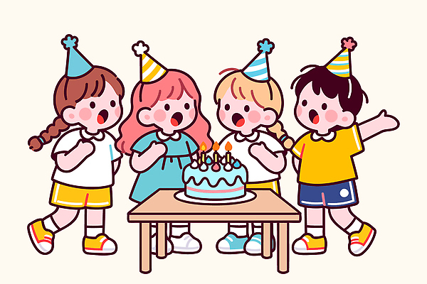 기념일 분홍색 일러스트 놀이 탁자 디저트 사탕 웃음 파란색 친구 노란색 케이크 축제 축하 색칠 생일파티 생일 분위기 즐거움 국내일러스트 AI파일 감정 음식 컬러 가구 컨셉 관계 표정 이벤트 파일형식 벡터