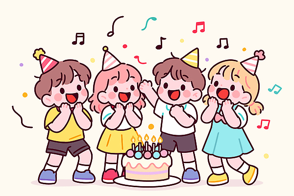 행복 어린이 음악 컬러 일러스트 놀이 웃음 장식 친구 파티 케이크 축제 소리 기쁨 축하 생일 즐거움 국내일러스트 AI파일 기념일 감정 컨셉 관계 문화예술 디저트 표정 사람 이벤트 파일형식 벡터