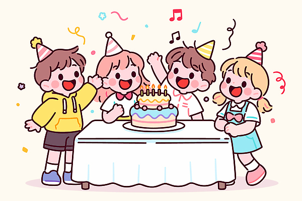 기념일 음악 컬러 일러스트 놀이 탁자 웃음 장식 친구 파티 케이크 축제 소리 축하 생일 즐거움 놀기 국내일러스트 AI파일 감정 가구 컨셉 관계 모션 문화예술 디저트 표정 이벤트 파일형식 벡터