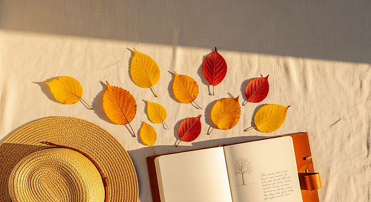 JPG 편집이미지 잎 자연 탁자 나뭇잎 따뜻함 책 빨간색 독서 햇빛 노란색 공책 가을 일기 감성 오후 편집실사 AI포토 AI콘텐츠 식물 계절 컬러 가구 컨셉 문구용품 태양 CG 생태계 파일형식