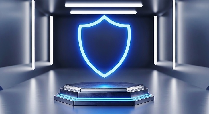 JPG 편집이미지 디자인 상징 컬러 미래 조명 전시 공간 중앙 보호 보안 네온 방패 뷰티풀 이미지편집 AI컴퓨터그래픽 AI콘텐츠 컨셉 안전 파일형식