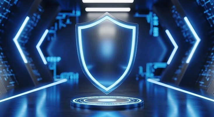 JPG 편집이미지 디자인 미래 조명 기술 그래픽 파란색 3D 디지털 공간 분위기 보호 모던 보안 방패 이미지편집 AI컴퓨터그래픽 AI콘텐츠 컬러 컨셉 안전 디지털합성 파일형식