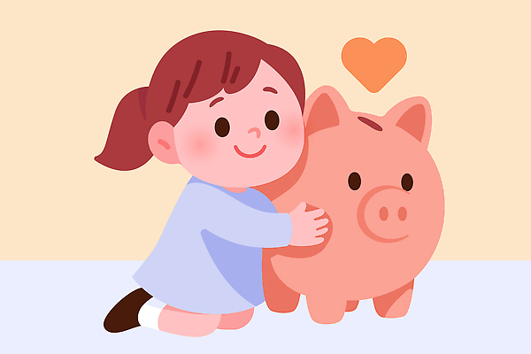 캐릭터 행복 감정 여유 어린이 일러스트 포옹 놀이 동화 사랑 웃음 소녀 귀여움 저축 저금통 소중 경제교육 국내일러스트 AI파일 여자 교육 컨셉 안기 표정 사람 금융 경제 파일형식 벡터