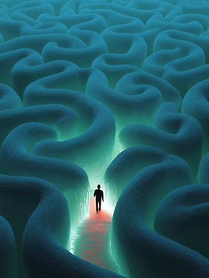 JPG 편집이미지 남자 감정 길 예술 상징 컬러 포즈 추상 조명 형상 걷기 공간 탐험 분위기 신비 방향 미로 심리 경로 창의력 이미지편집 AI컴퓨터그래픽 AI콘텐츠 컨셉 무늬 모션 사람 파일형식