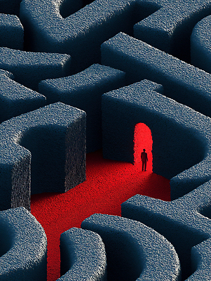 JPG 편집이미지 길 상징 출입구 사람 그래픽 빨간색 문 어둠 탐험 선택 신비 방향 장면 미로 발견 고립 복잡 테마 이미지편집 AI컴퓨터그래픽 AI콘텐츠 컬러 컨셉 파일형식