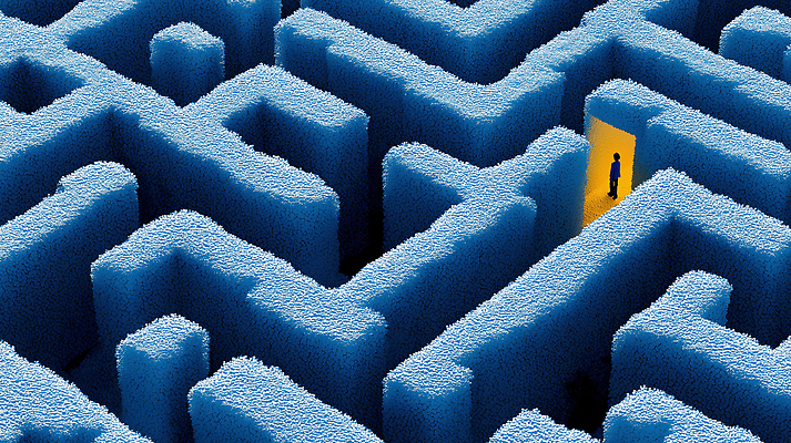 JPG 편집이미지 길 모션 출입구 사람 파란색 노란색 공간 탐험 도전 구조물 목표 장애물 방향 비전 전략 미로 길찾기 해결 단서 이미지편집 AI컴퓨터그래픽 AI콘텐츠 건축 컬러 컨셉 파일형식