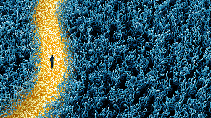 JPG 편집이미지 길 상징 자연 사람 파란색 걷기 공간 흐름 금색 탐험 중앙 신비 방향 심볼 입체 복잡 이미지편집 AI컴퓨터그래픽 AI콘텐츠 컬러 컨셉 모션 생태계 파일형식