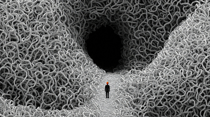 JPG 편집이미지 감정 길 예술 상징 사람 어둠 공간 탐험 동굴 구조물 고독 실타래 조화 고립 복잡 철학 이미지편집 AI컴퓨터그래픽 AI콘텐츠 교육 건축 컨셉 파일형식