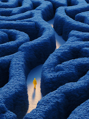 JPG 편집이미지 예술 컬러 자연 사람 풍경 파란색 햇빛 노란색 공간 탐험 구출 미로 조화 경로 고립 깊이 단순화된 상상력 창의력 이미지편집 AI컴퓨터그래픽 AI콘텐츠 태양 도움 생태계 파일형식