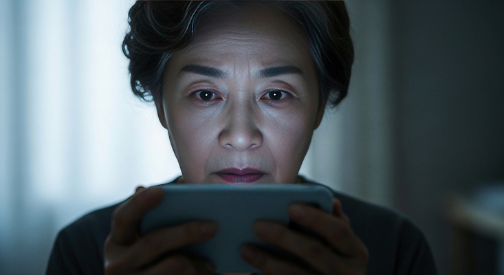 JPG 편집이미지 노년 감정 얼굴 컬러 조명 기술 생활 스마트폰 디지털 스크린 집중 세대 소통 관심 의료성형뷰티 편집실사 AI인물포토 AI콘텐츠 컨셉 성인 신체부위 핸드폰 스마트기기 CG 파일형식 AI포토