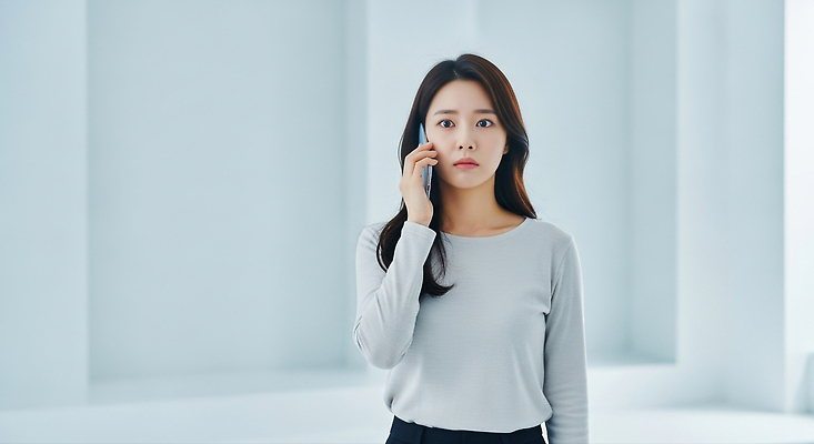 JPG 편집이미지 여자 통신 표정 밝음 대화 사람 깨끗함 공간 모던 걱정 통화 의료성형뷰티 편집실사 AI인물포토 AI콘텐츠 감정 컨셉 모션 말하기 CG 파일형식 AI포토
