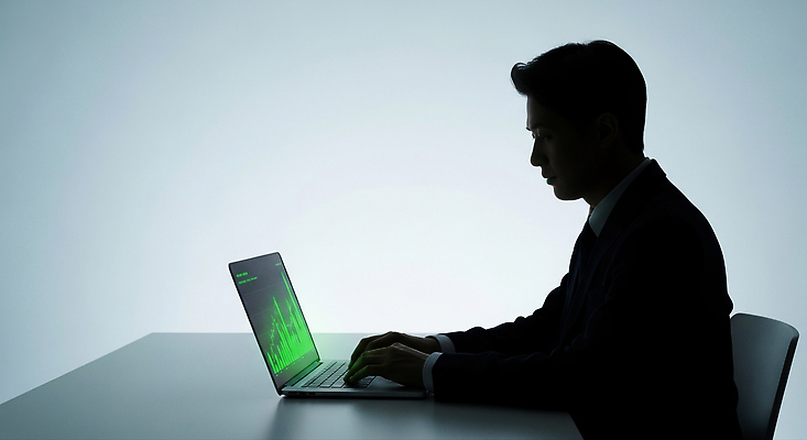 JPG 편집이미지 남자 실루엣 비즈니스 통계 그래프 노트북 사무실 디지털 과학기술 정보 업무 작업 집중 모던 의료성형뷰티 편집실사 AI인물포토 AI콘텐츠 컨셉 기술 촬영기법 사람 전자제품 CG 파일형식 AI포토