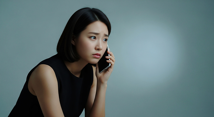 JPG 편집이미지 여자 감정 백그라운드 스튜디오 커뮤니케이션 표정 고민 걱정 통화 긴장 소통 단정 순간 의료성형뷰티 외모 편집실사 AI인물포토 AI콘텐츠 컨셉 모션 사람 CG 파일형식 AI포토