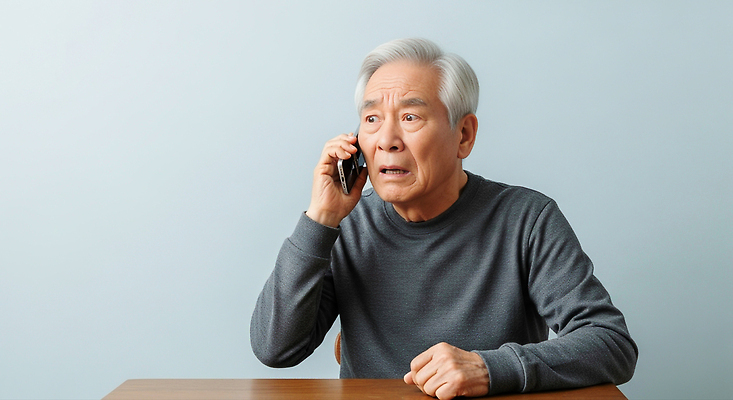 JPG 편집이미지 남자 감정 셔츠 탁자 표정 이야기 대화 앉기 연령 불안 전화기 통화 긴장 의료성형뷰티 편집실사 AI인물포토 AI콘텐츠 가구 상의 모션 말하기 사람 CG 파일형식 AI포토