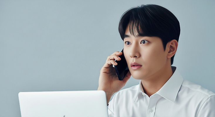 JPG 편집이미지 남자 커뮤니케이션 직장 표정 일상 컴퓨터 사무실 놀람 긴급 전문직 전화기 통화 소통 의료성형뷰티 편집실사 AI인물포토 AI콘텐츠 직업 감정 컨셉 회사 비즈니스 모션 사람 라이프 전자제품 CG 파일형식 AI포토