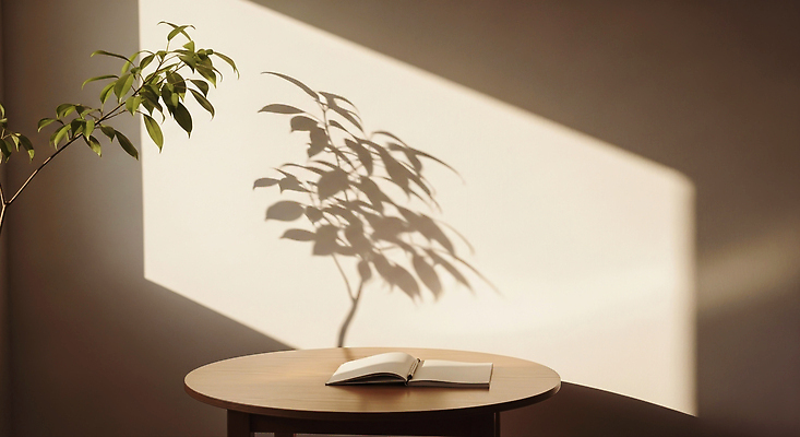 JPG 나무 편집이미지 벽 자연 탁자 휴식 조명 실내 따뜻함 그림자 책 인테리어 햇빛 평화 공간 편안함 편집실사 AI포토 AI콘텐츠 식물 디자인 가구 컨셉 내부 태양 감각 CG 생태계 파일형식