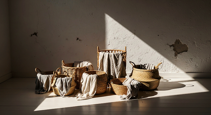 JPG 편집이미지 여유 창문 실내 인테리어 바구니 방 시간 빨래 오브젝트 질감 정리 빨랫감 패브릭 편집실사 AI포토 AI콘텐츠 디자인 감정 가사 내부 직물 CG 파일형식