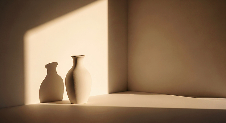 JPG 편집이미지 디자인 예술 조명 따뜻함 그림자 빛 인테리어 공간 방 항아리 도자기 오브젝트 편집실사 AI포토 AI콘텐츠 CG 파일형식