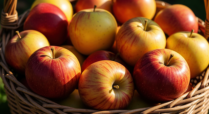JPG 편집이미지 과일 자연 디저트 건강 빨간색 여름 햇빛 농장 노란색 바구니 수확 사과 과일바구니 먹거리 편집실사 AI포토 AI콘텐츠 계절 음식 컬러 농업 태양 CG 생태계 파일형식