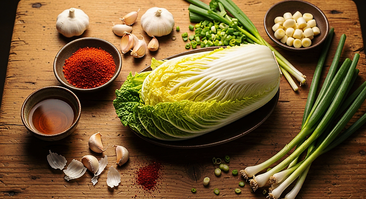 JPG 편집이미지 전통 재료 탁자 김치 한국 마늘 요리 식사 신선 양념 맛 배추 김장 쪽파 고춧가루 편집실사 AI포토 AI콘텐츠 아시아 한식 가구 컨셉 채소 가루 CG 파 파일형식