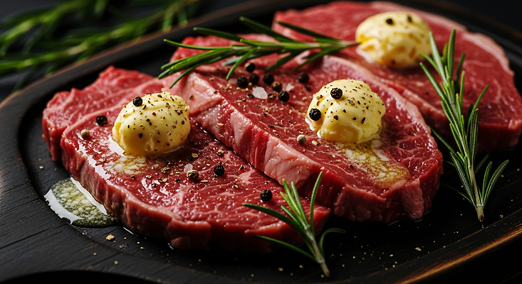 JPG 편집이미지 식재료 육류 스테이크 요리 장식 주방 식사 신선 고급 맛 허브 나무판자 버터 편집실사 AI포토 AI콘텐츠 식물 컨셉 서양음식 목재 CG 파일형식