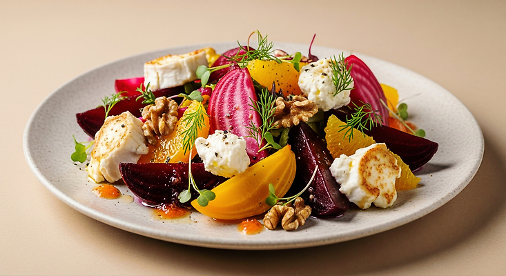 JPG 편집이미지 치즈 식사 샐러드 맛 호두 조화 건강식 비트 비건 미각 편집실사 AI포토 AI콘텐츠 음식 컨셉 채소 유제품 견과류 감각 CG 채식주의자 파일형식