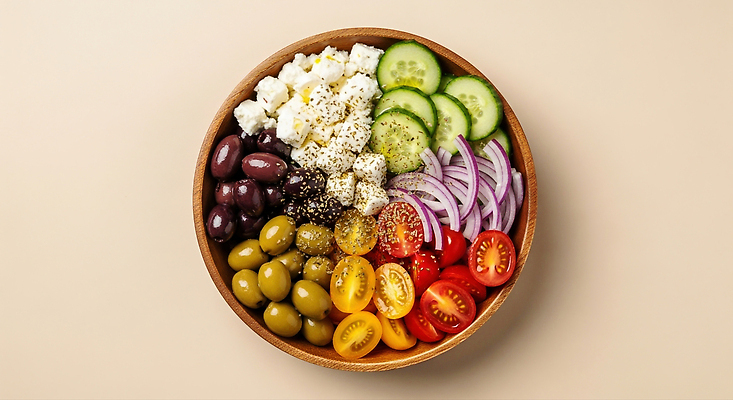 JPG 편집이미지 컬러 다이어트 채소 재료 방울토마토 오이 치즈 식사 샐러드 신선 올리브 비타민 건강식 적양파 편집실사 AI포토 AI콘텐츠 열매 음식 토마토 양파 유제품 건강 CG 영양소 파일형식