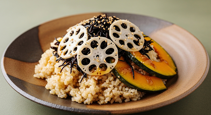 JPG 편집이미지 한식 재료 자연 호박 밥 요리 식사 신선 해초 맛 밥상 연근 건강식 편집실사 AI포토 AI콘텐츠 음식 컨셉 채소 탁자 해조류 CG 생태계 파일형식