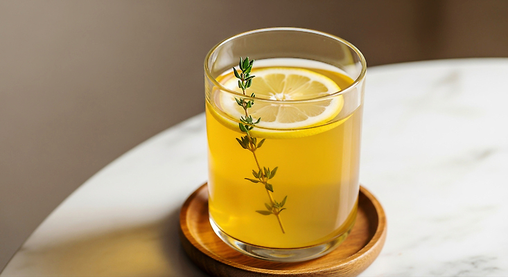 JPG 편집이미지 음료 자연 탁자 잔 건강 신선 레몬 허브 향기 레시피 나무받침 따뜻한음료 백리향 홈메이드 편집실사 AI포토 AI콘텐츠 식물 식기 가구 과일 목재 받침대 CG 생태계 냄새 만들기 파일형식