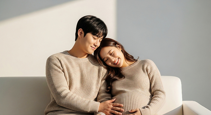 JPG 편집이미지 행복 가족 신혼부부 포옹 남편 따뜻함 사랑 미소 소파 햇빛 임신 방 아내 공유 순간 의료성형뷰티 편집실사 AI인물포토 AI콘텐츠 부부 감정 의자 관계 안기 표정 태양 CG 신혼 파일형식 AI포토