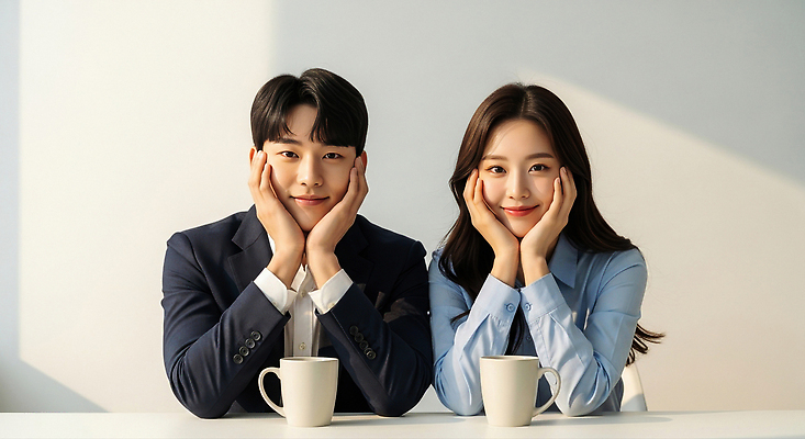 JPG 편집이미지 여자 남자 행복 커피 신혼부부 대화 미소 사람 사무실 만남 분위기 편안함 찻잔 의료성형뷰티 편집실사 AI인물포토 AI콘텐츠 부부 감정 음료 컨셉 비즈니스 잔 표정 말하기 감각 CG 신혼 파일형식 AI포토