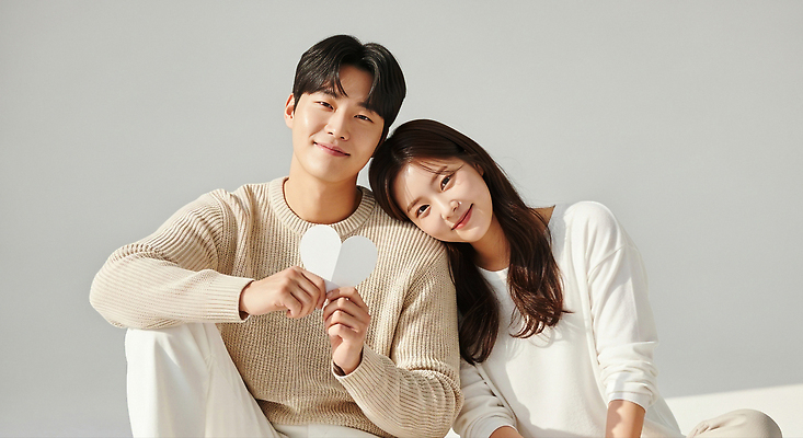 JPG 편집이미지 커플 행복 감정 포즈 신혼부부 따뜻함 사랑 미소 앉기 로맨틱 시간 편안함 애정표현 심플 소통 의료성형뷰티 편집실사 AI인물포토 AI콘텐츠 부부 컨셉 관계 모션 표정 표현 감각 CG 신혼 파일형식 AI포토