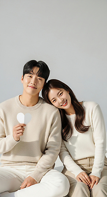 JPG 편집이미지 커플 행복 감정 종이 포즈 신혼부부 함께함 사랑 미소 앉기 하트 소통 순간 의사소통 의료성형뷰티 편집실사 AI인물포토 AI콘텐츠 모양 부부 컨셉 관계 모션 표정 CG 신혼 파일형식 AI포토
