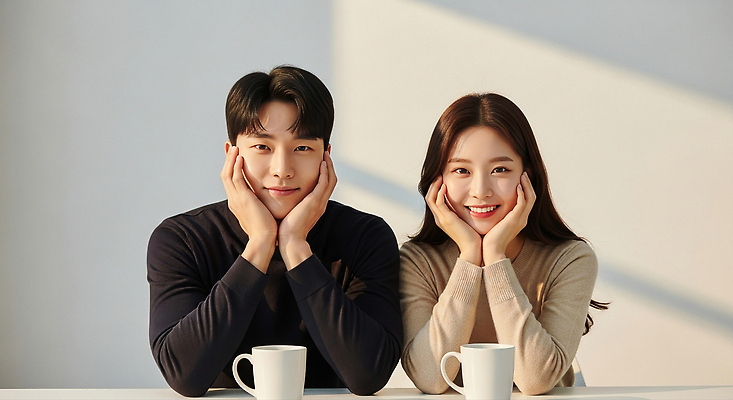 JPG 편집이미지 커플 행복 커피 신혼부부 실내 대화 사랑 웃음 친구 만남 편안함 브런치 소통 의료성형뷰티 편집실사 AI인물포토 AI콘텐츠 부부 감정 음료 컨셉 관계 표정 말하기 내부 식사 감각 CG 신혼 파일형식 AI포토