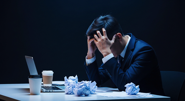 JPG 편집이미지 남자 감정 커피 스트레스 피곤 노트북 사무실 업무 작업 불안 집중 긴장 만성피로 어려움 해소 혼란 의료성형뷰티 편집실사 AI인물포토 AI콘텐츠 음료 컨셉 비즈니스 사람 전자제품 CG 파일형식 AI포토