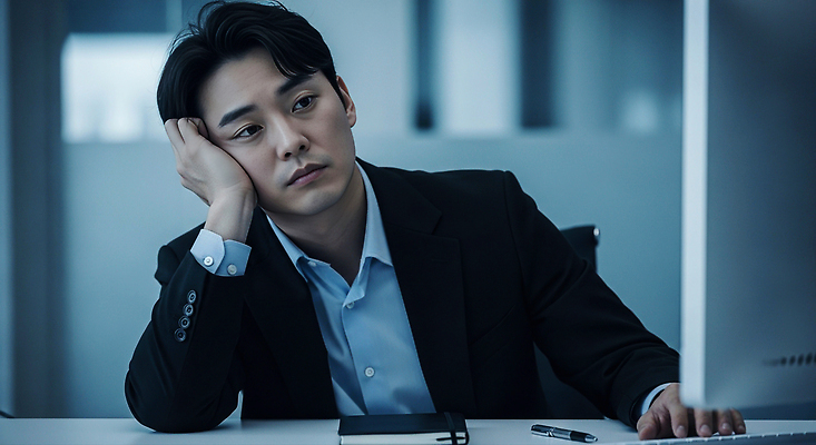 JPG 편집이미지 남자 감정 조명 직장 무표정 피곤 앉기 일상 컴퓨터 사무실 스크린 고독 지루함 집중 턱 만성피로 의료성형뷰티 편집실사 AI인물포토 AI콘텐츠 컨셉 회사 비즈니스 모션 표정 사람 라이프 전자제품 CG 파일형식 AI포토